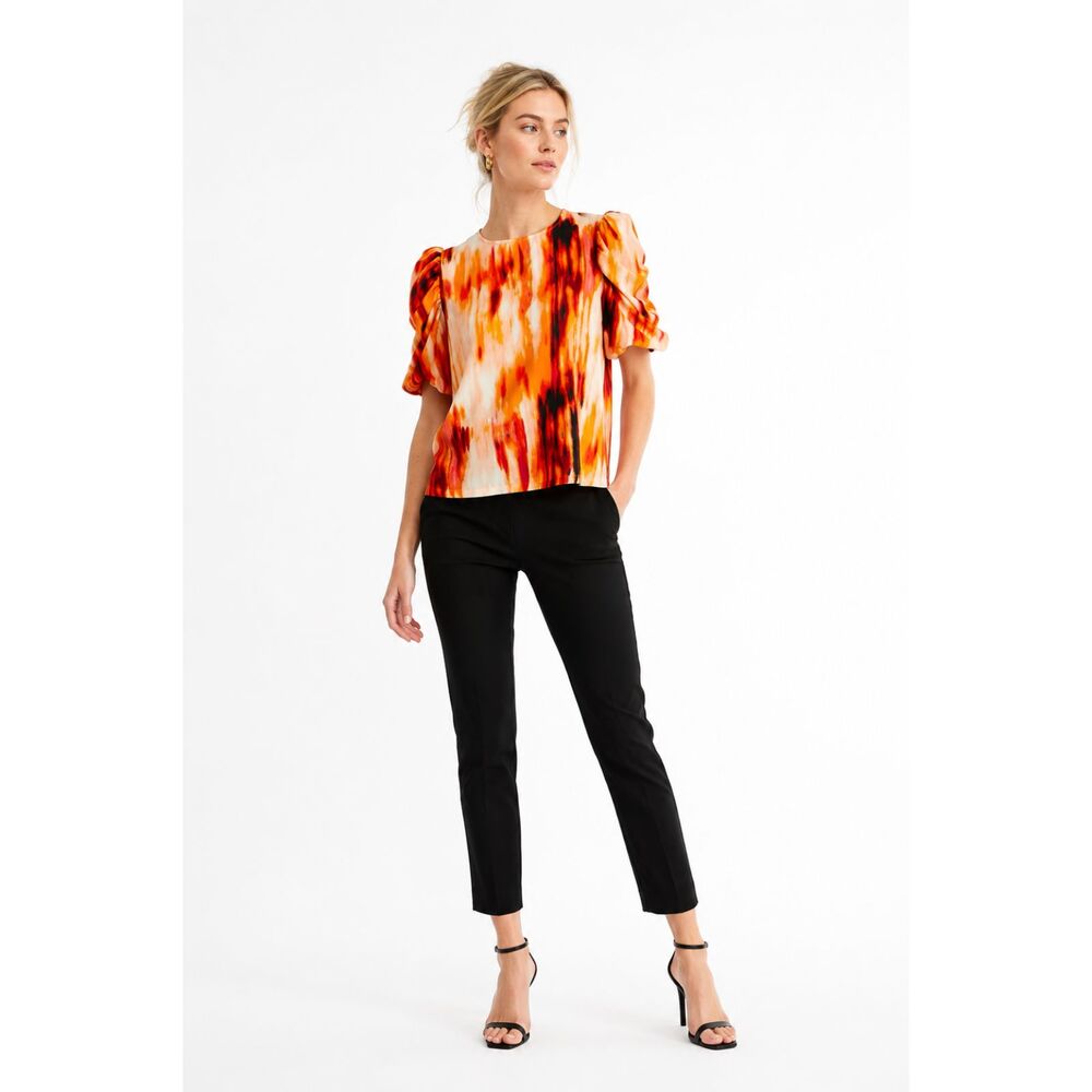 DKNY Smudge Print Puff Sleeve Blouse Orange Pink Abstract Business Top NEW M